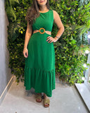 Halter Sleeveless Waist Cutout Maxi Dress Sexy Hoop Decor A Line Smocked Dress