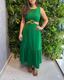 Halter Sleeveless Waist Cutout Maxi Dress Sexy Hoop Decor A Line Smocked Dress