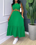Halter Sleeveless Waist Cutout Maxi Dress Sexy Hoop Decor A Line Smocked Dress