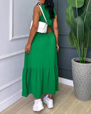 Halter Sleeveless Waist Cutout Maxi Dress Sexy Hoop Decor A Line Smocked Dress