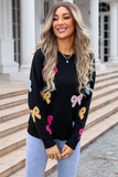 Black Valentine Bow Print Crew Neck Drop Shoulder Sweater