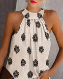 Floral Print Stand Collar Sleeveless Tank Casual Slim Fit Summer Top