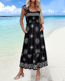 Floral Print Square Neck Ruffles Midi Dress Casual Shrred Waist A Line Dress with Pockets