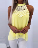 Contrast Lace Halter Sleeveless Back  Bowknot Decor Top Casual Backless Flowy Tank