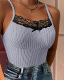 Contrast Lace Square Neck Spaghetti Strap Tank Sexy Waist Slim Fit Knit Top