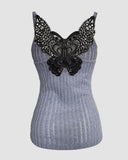 Contrast Lace Square Neck Spaghetti Strap Tank Sexy Waist Slim Fit Knit Top