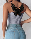 Contrast Lace Square Neck Spaghetti Strap Tank Sexy Waist Slim Fit Knit Top