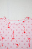 Pink Bow Knot Polka Dot Print Short Sleeve Top Lounge Set