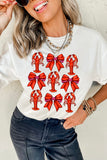 White Crawfish Bow Printed Casual T Shirt