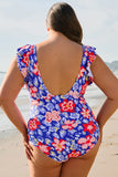 Blue Floral Print Ruffled V Neck High Waist One Piece Swimwear