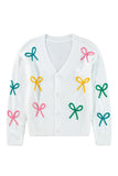 White Bowknot Drop Shoulder Knitted Button up Cardigan