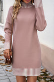 Fushia Striped Trim Mock Neck Dropped Long Sleeve Sweater Mini Dress