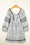 Gray Floral Print Open Back Balloon Sleeve Square Neck Mini Dress