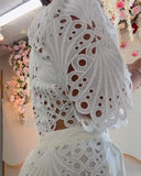 2 Pieces Outfit Lace Hollow Out Bell Sleeve Crop Top and Casual Slim Fit Straight Leg Pants Set