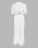 2 Pieces Outfit Lace Hollow Out Bell Sleeve Crop Top and Casual Slim Fit Straight Leg Pants Set
