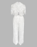 2 Pieces Outfit Lace Hollow Out Bell Sleeve Crop Top and Casual Slim Fit Straight Leg Pants Set