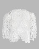 2 Pieces Outfit Lace Hollow Out Bell Sleeve Crop Top and Casual Slim Fit Straight Leg Pants Set