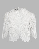 2 Pieces Outfit Lace Hollow Out Bell Sleeve Crop Top and Casual Slim Fit Straight Leg Pants Set