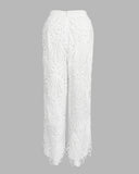 2 Pieces Outfit Lace Hollow Out Bell Sleeve Crop Top and Casual Slim Fit Straight Leg Pants Set