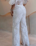 2 Pieces Outfit Lace Hollow Out Bell Sleeve Crop Top and Casual Slim Fit Straight Leg Pants Set