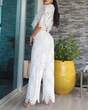 2 Pieces Outfit Lace Hollow Out Bell Sleeve Crop Top and Casual Slim Fit Straight Leg Pants Set