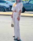 2 Pieces Outfit Lace Hollow Out Bell Sleeve Crop Top and Casual Slim Fit Straight Leg Pants Set
