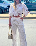2 Pieces Outfit Lace Hollow Out Bell Sleeve Crop Top and Casual Slim Fit Straight Leg Pants Set