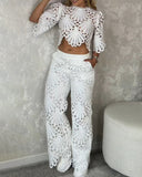 2 Pieces Outfit Lace Hollow Out Bell Sleeve Crop Top and Casual Slim Fit Straight Leg Pants Set