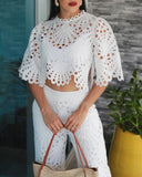 2 Pieces Outfit Lace Hollow Out Bell Sleeve Crop Top and Casual Slim Fit Straight Leg Pants Set
