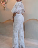 2 Pieces Outfit Lace Hollow Out Bell Sleeve Crop Top and Casual Slim Fit Straight Leg Pants Set