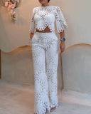 2 Pieces Outfit Lace Hollow Out Bell Sleeve Crop Top and Casual Slim Fit Straight Leg Pants Set