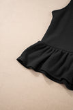 Black Solid Color Ribbed Ruffle Tank Top and Pants Set
