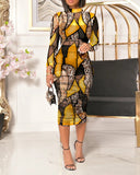 2 Piece Leopard Print Mock Neck Long Sleeve Mid Calf Dress Sheer Mesh Party Dress with Short Pants