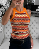 Waffle Knit Camouflage Print Round Neck Sleeveless Tank Slim Fit Casual Top