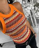 Waffle Knit Camouflage Print Round Neck Sleeveless Tank Slim Fit Casual Top