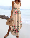 Floral Print V Neck Spaghetti Strap Boho Maxi Dress Casual Slit Pocket Design Vacation Sundress