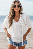 White Embroidered Lace Patchwork Tie Neck Puff Short Sleeve Blouse