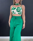 2 Pieces Outfit Floral Print Cold Shoulder Spaghetti Strap Shirred Tank and High Waist Drawstring Pants Set