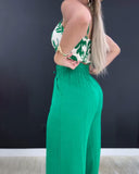 2 Pieces Outfit Floral Print Cold Shoulder Spaghetti Strap Shirred Tank and High Waist Drawstring Pants Set