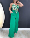 2 Pieces Outfit Floral Print Cold Shoulder Spaghetti Strap Shirred Tank and High Waist Drawstring Pants Set