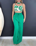 2 Pieces Outfit Floral Print Cold Shoulder Spaghetti Strap Shirred Tank and High Waist Drawstring Pants Set
