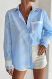 Sky Blue Stripe Contrast Patch Pocket Cuffed Sleeve Casual Shirt