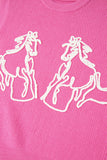Bright Pink Western Horse Embroidered Round Neck Sweater Tee