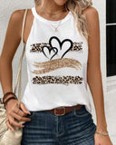 Leopard Print Heart Pattern Heart Sleeveless Tank Casual Loose Fit Top