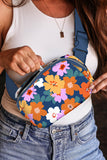 Sail Blue Flower Print Zipper Buckle Wide Strap Sling Bag