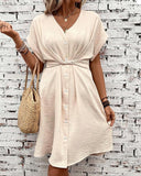 Tied Detail Buttoned V Neck Casual Dress