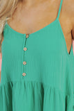 Sea Green Textured Buttoned Thin Strap Tiered Loose Fit Mini Dress