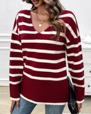 Striped V Neck Long Sleeve Side Slit Knit Sweater