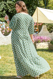 Green Geometric Floral Print Half Sleeve Plus Size Maxi Dress