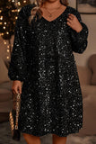 Color black Plus Size Bubble Sleeve V Neck Sequin Dress